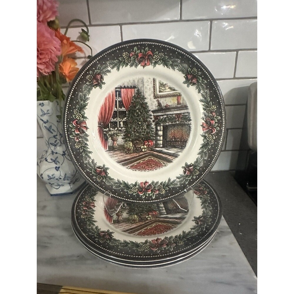 Royal Stafford CHRISTMAS MORNING 11in Dinner Plate Set of 4 Holiday Porcelain